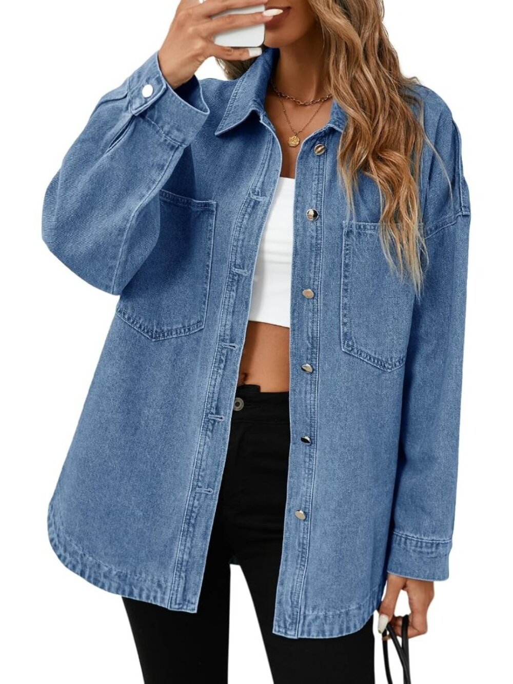 Women’s Blue Long Sleeve Button Down Oversized Denim Jean Jacket Shacket
